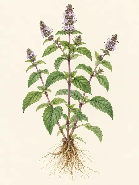 Borsosmenta (Mentha × piperita) akvarell herbáriumrajza