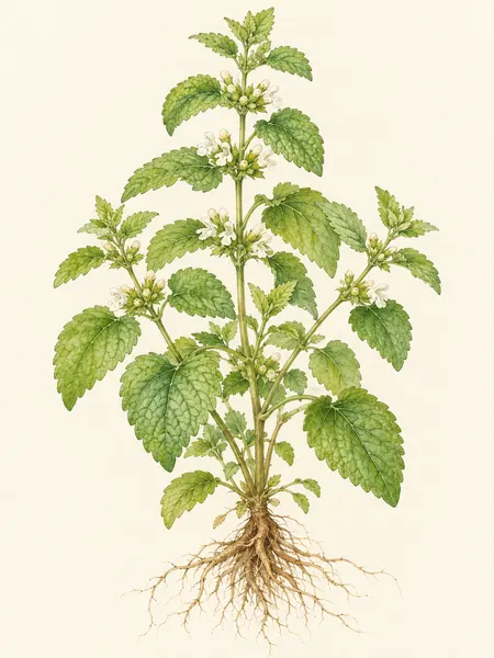 Orvosi citromfű (Melissa officinalis) akvarell herbáriumrajza