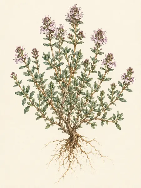 Kakukkfű (Thymus vulgaris) akvarell herbáriumrajza