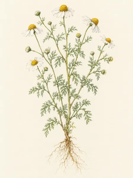 Orvosi székfű (kamilla) (Matricaria chamomilla) akvarell herbáriumrajza