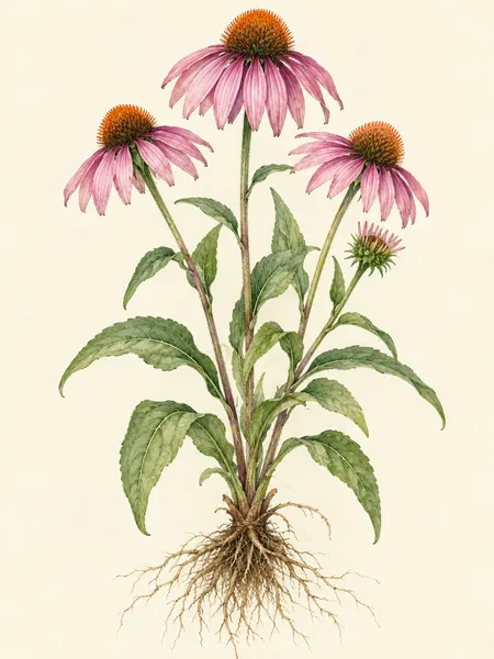 Bíbor kasvirág (echinacea) (Echinacea purpurea) akvarell herbáriumrajza
