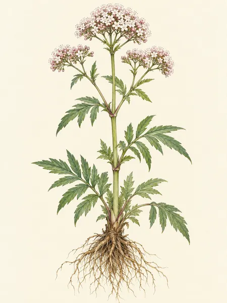 Macskagyökér (Valeriana officinalis) akvarell herbáriumrajza
