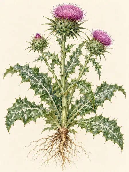 Máriatövis (Silybum marianum) akvarell herbáriumrajza