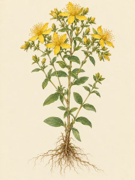 Közönséges orbáncfű (Hypericum perforatum) akvarell herbáriumrajza