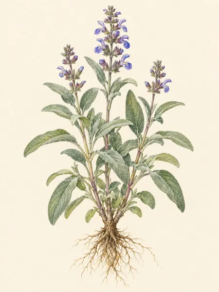 Orvosi zsálya (Salvia officinalis) akvarell herbáriumrajza